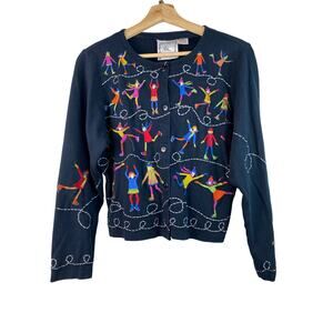 Michael Simon Lite Women's Size M Black Colorful Embroidered Ice Skaters Sweater